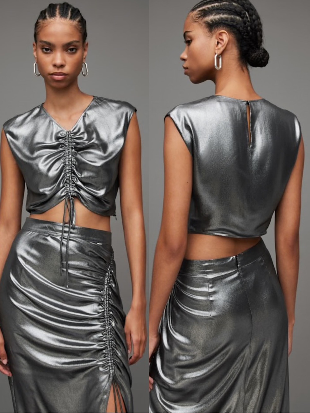AllSaints Carla Metallic Gathered Ruched Crop Top Silver Gunmetal
